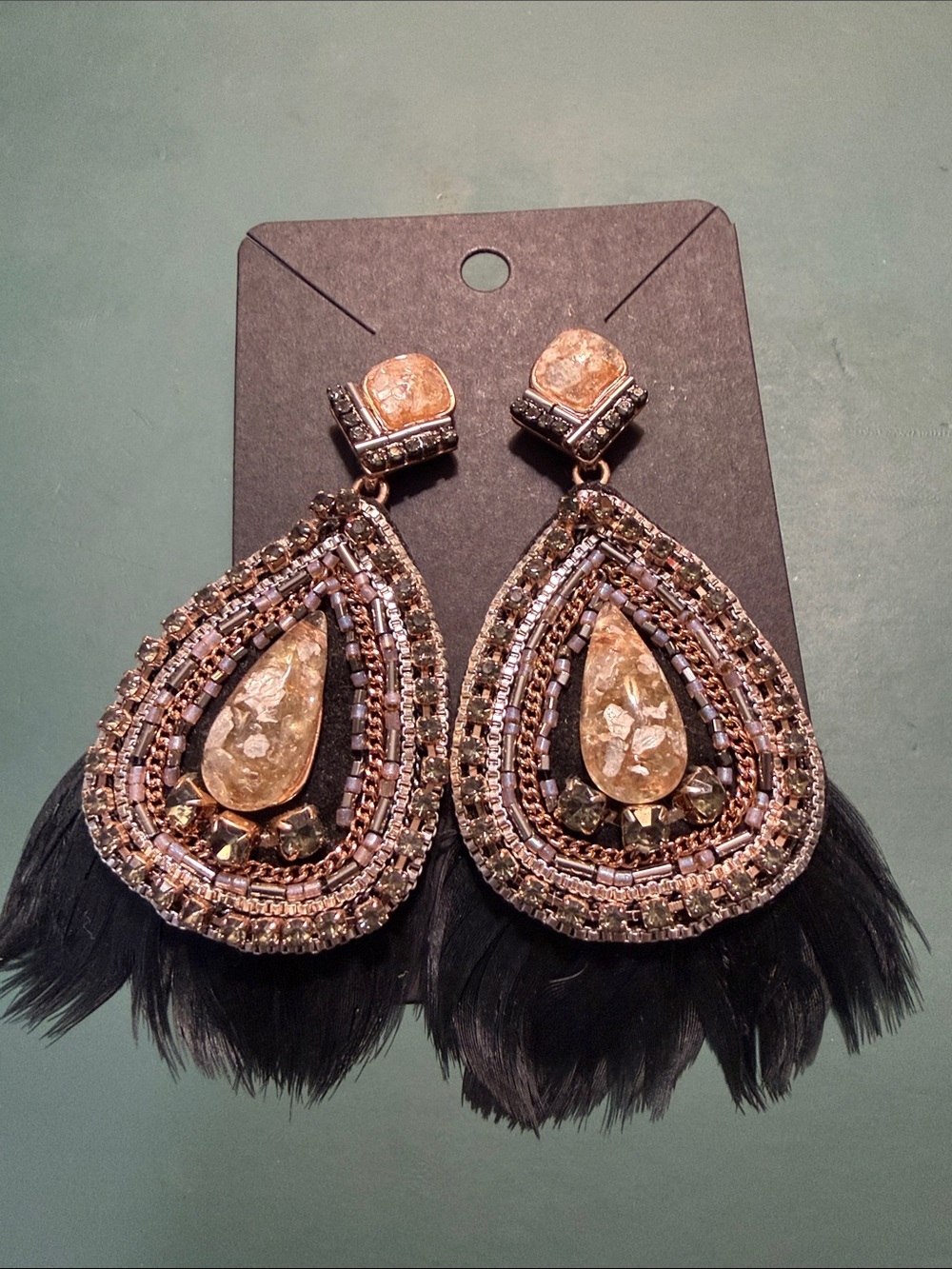 Stella & Dot Black and Champagne Teardrop Beaded Feather Earrings